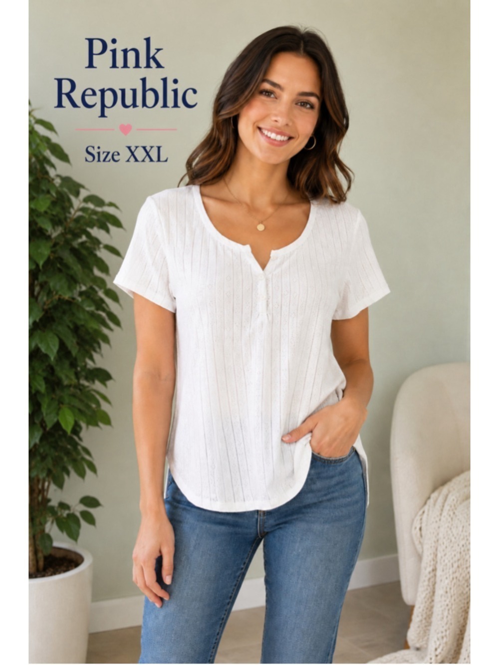Pink Republic Ivory Short Sleeve Henley Top XXL NWT